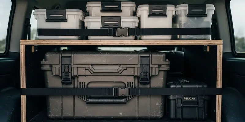 ここでは、筆者が実際に使っているイレクターパイプ棚を使った車載レイアウトを紹介します。市販品ではなく自作ですが、考え方自体はどんな車にも応用できます。