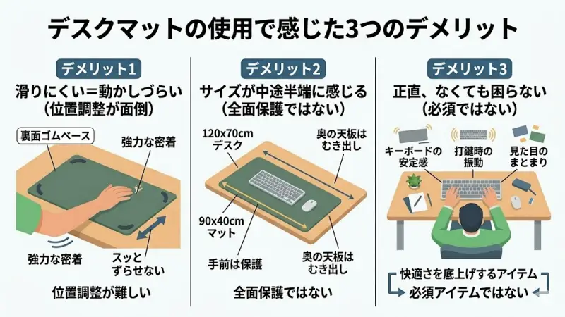 90×40cmサイズはそれなりに大きく、裏面がゴムベースのため、一度置くとほぼ固定されます。